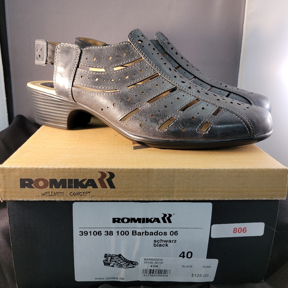 New in box, never worn, Romina sz 40EU, navy dress sandal, moderate heel.